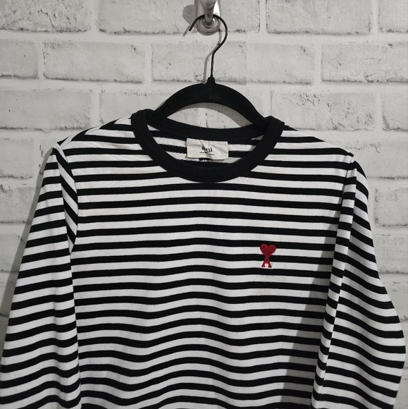 AMI Paris De Coeur Mariniere Long Sleeve Shirt Black/White Stripe size S - Picture 4 of 11